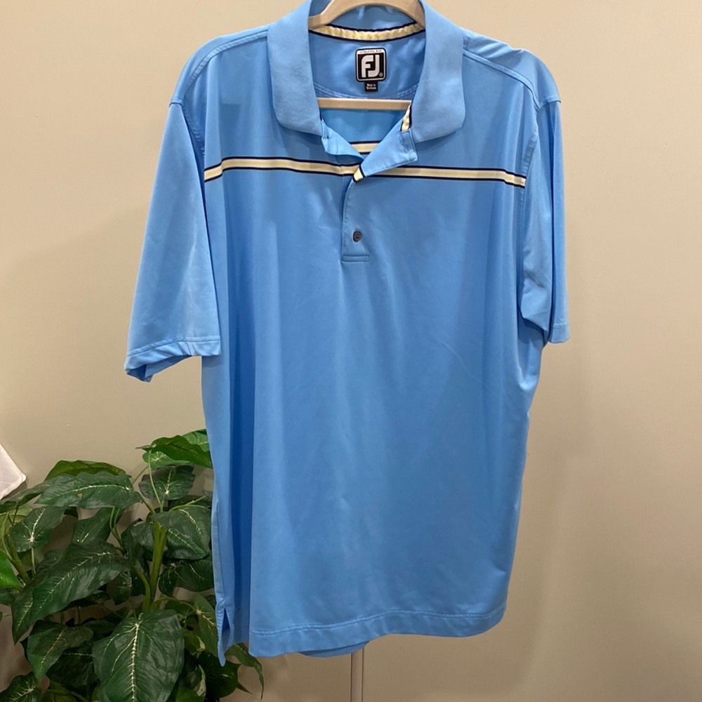 FootJoy Athletic Fit Light Blue Performance Golf Polo w/ Yellow & White Stripe